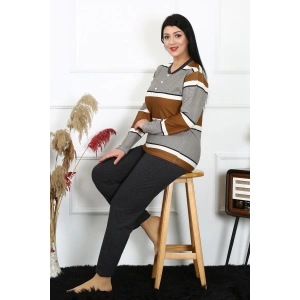Moda Çizgi Kadın Büyük Beden Penye Uzun Kol Pijama Takım 202214