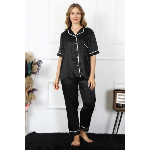 Moda Çizgi Kadın Büyük Beden Siyah Saten Pijama Takımı 10303