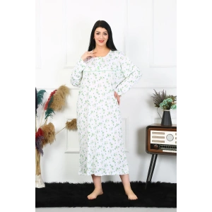 Moda Çizgi Kadın Büyük Beden Uzun Kol Beyaz Anne Gecelik 1363