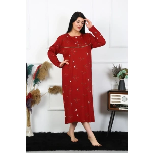 Moda Çizgi Kadın Büyük Beden Uzun Kol Bordo Anne Gecelik 1364