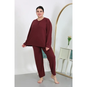 Moda Çizgi Kadın Büyük Beden Uzun Kol Penye Pijama Takımı Bordo 202501