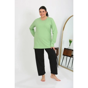 Moda Çizgi Kadın Büyük Beden Uzun Kol Penye Pijama Takımı Fıstık Yeşili 202408
