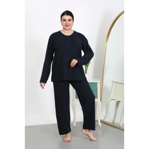 Moda Çizgi Kadın Büyük Beden Uzun Kol Penye Pijama Takımı Lacivert 202501