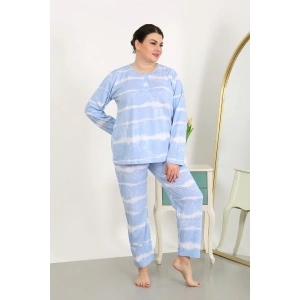 Moda Çizgi Kadın Büyük Beden Uzun Kol Penye Pijama Takımı Mavi 202502