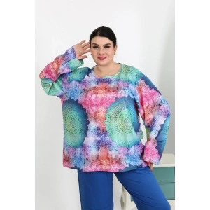 Moda Çizgi Kadın Büyük Beden Uzun Kol Penye Pijama Takımı Saks 202503