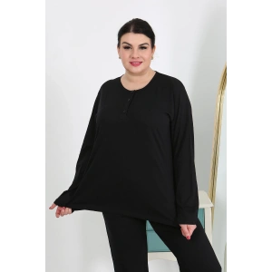 Moda Çizgi Kadın Büyük Beden Uzun Kol Penye Pijama Takımı Siyah 202501