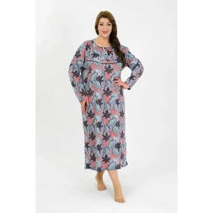 Moda Çizgi Kadın Büyük Beden Uzun Kol Somon Anne Gecelik 1378