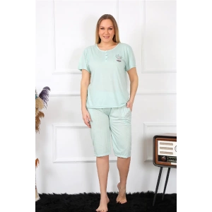 Moda Çizgi Kadın Büyük Beden Viscon Su Yeşili Kapri Pijama Takım 202193