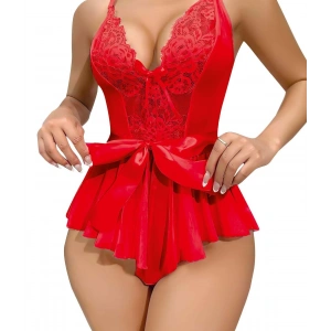 Moda Çizgi Kadın Fantezi Babydoll Dantel Gecelik T001 Kırmızı