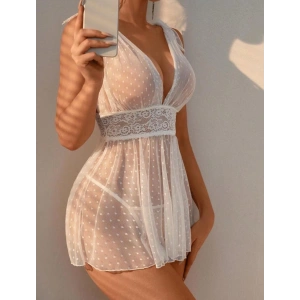 Moda Çizgi Kadın Fantezi Tül Dantel Detaylı Gecelik T2018 Beyaz