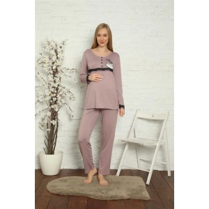 Moda Çizgi Kadın Hamile Lohusa Gül Kurusu Pijama Takımı 45201