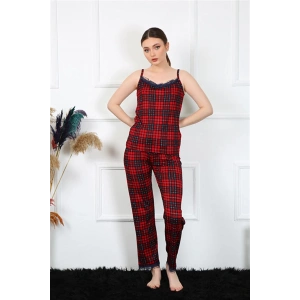 Moda Çizgi Kadın İp Askılı Kırmızı Ekoseli Pijama Takım 4135