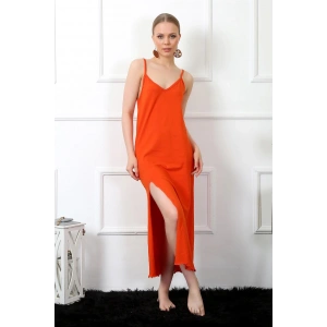 Moda Çizgi Kadın İp Askılı Turuncu Uzun Gecelik 901