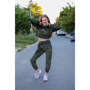 Moda Çizgi Kadın Kadife Kapşonlu Eşofman Takım 9055