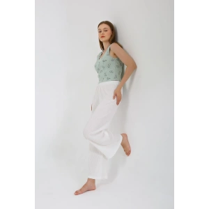 Moda Çizgi Kadın Kalın Askılı Body Bol Paça Pantolon 2`li Takım Beyaz 4219