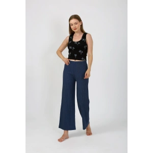 Moda Çizgi Kadın Kalın Askılı Body Bol Paça Pantolon 2`li Takım Siyah 4221