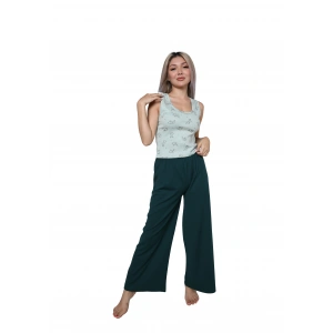 Moda Çizgi Kadın Kalın Askılı Body Bol Paça Pantolon 2`li Takım Su Yeşili 4218