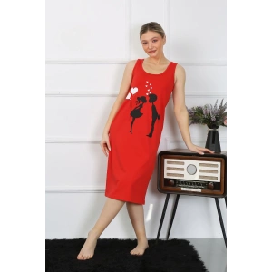 Moda Çizgi Kadın Kalın Askılı Penye Uzun Kırmızı Gecelik 12001