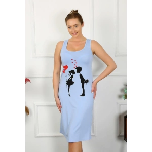 Moda Çizgi Kadın Kalın Askılı Penye Uzun Mavi Gecelik 12001