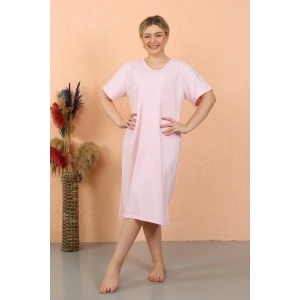 Moda Çizgi Kadın Kısa Kol Diz Altı Over Size Pembe Ev Elbisesi - Geceliği 93410