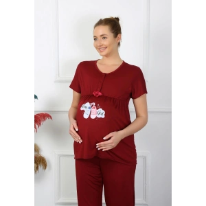 Moda Çizgi Kadın Kısa Kol Hamile Lohusa Pijama Takımı Bordo 45210