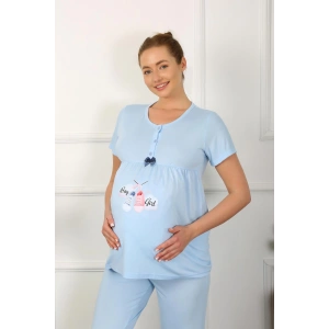 Moda Çizgi Kadın Kısa Kol Hamile Lohusa Pijama Takımı Mavi 45210