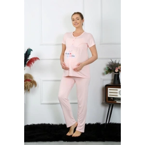 Moda Çizgi Kadın Kısa Kol Hamile Lohusa Pijama Takımı Pudra 45210