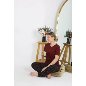 Moda Çizgi Kadın Kısa Kol Pamuk Penye Pijama Takım Bordo 4214