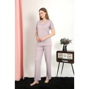 Moda Çizgi Kadın Kısa Kol Pamuk Penye Pijama Takım Pudra 4213