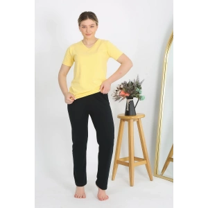 Moda Çizgi Kadın Kısa Kol Pamuk Penye Pijama Takım Sarı 4215