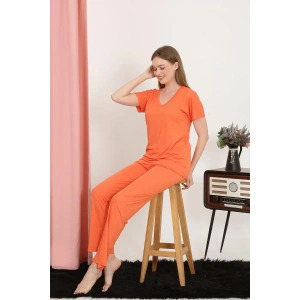 Moda Çizgi Kadın Kısa Kol Pamuk Penye Pijama Takım Turuncu 4213