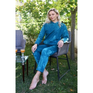 Moda Çizgi Kadın Pamuk Kapşonlu Cepli 3 İplik Turkuaz Eşofman Takım 9037