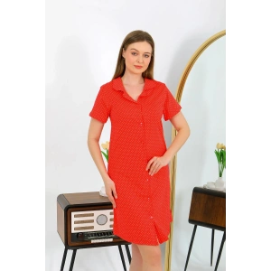 Moda Çizgi Kadın Pamuk Penye Kısa Kol Düğmeli Kırmızı Tunik Gecelik 13112