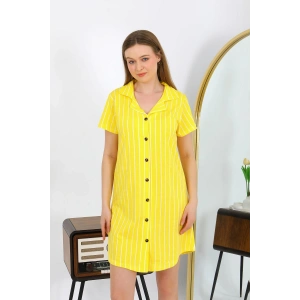 Moda Çizgi Kadın Pamuk Penye Kısa Kol Düğmeli Sarı Tunik Gecelik 13111