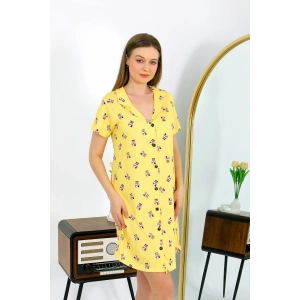 Moda Çizgi Kadın Pamuk Penye Kısa Kol Düğmeli Sarı Tunik Gecelik 13112