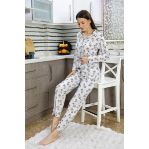 Moda Çizgi Kadın Pamuk Penye Önden Düğmeli Uzun Kol Pijama Takım Gri 2784