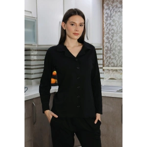 Moda Çizgi Kadın Pamuk Penye Önden Düğmeli Uzun Kol Pijama Takım Siyah 2783