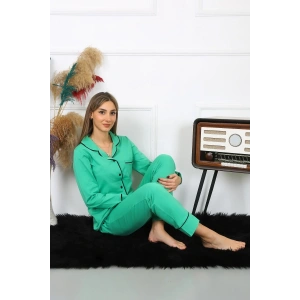 Moda Çizgi Kadın Pamuk Penye Önden Düğmeli Uzun Kol Yeşil Pijama Takım 2782