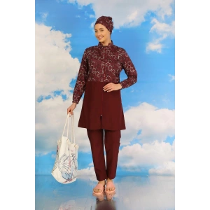 Moda Çizgi Kadın Pantolonlu Desenli Tam Tesettür Mayo Bordo 31075