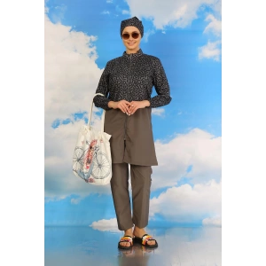 Moda Çizgi Kadın Pantolonlu Desenli Tam Tesettür Mayo Füme 31074