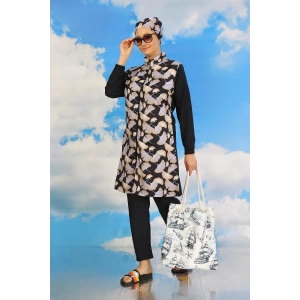 Moda Çizgi Kadın Pantolonlu Desenli Tam Tesettür Mayo Lacivert 31070