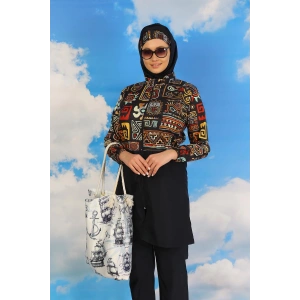 Moda Çizgi Kadın Pantolonlu Desenli Tam Tesettür Mayo Lacivert 31074