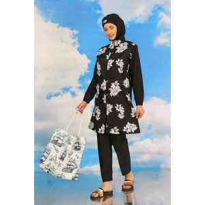 Moda Çizgi Kadın Pantolonlu Desenli Tam Tesettür Mayo Siyah 31070