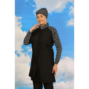 Moda Çizgi Kadın Pantolonlu Desenli Tam Tesettür Mayo Siyah 31072