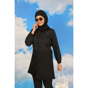 Moda Çizgi Kadın Pantolonlu Desenli Tam Tesettür Mayo Siyah 31074