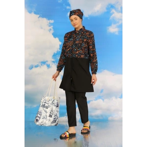 Moda Çizgi Kadın Pantolonlu Desenli Tam Tesettür Mayo Siyah 31075