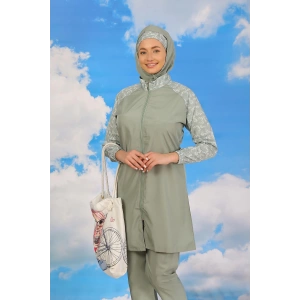 Moda Çizgi Kadın Pantolonlu Desenli Tam Tesettür Mayo Su Yeşili 31072