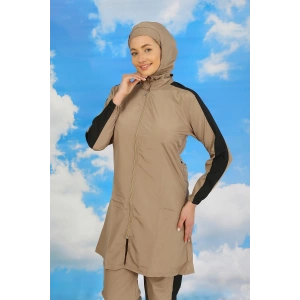 Moda Çizgi Kadın Pantolonlu Kolu Şeritli Tam Tesettür Mayo Bej 31066