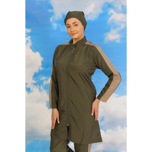 Moda Çizgi Kadın Pantolonlu Kolu Şeritli Tam Tesettür Mayo Haki 31065