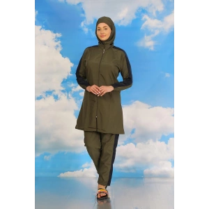 Moda Çizgi Kadın Pantolonlu Kolu Şeritli Tam Tesettür Mayo Haki 31066